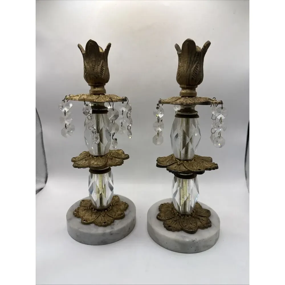 Set 2 Vtg Hollywood Regency Crystal Brass Marble 10”Candlesticks With Crystals *